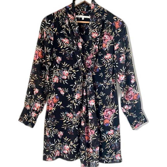 Rachel Rachel Roy Tie Neck Black Chiffon Sheer Sleeve Floral Mini Dress Size 4 - Picture 2 of 16